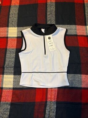 Sleeveless White Zip Mock Neck Tank Top with Black Trim
